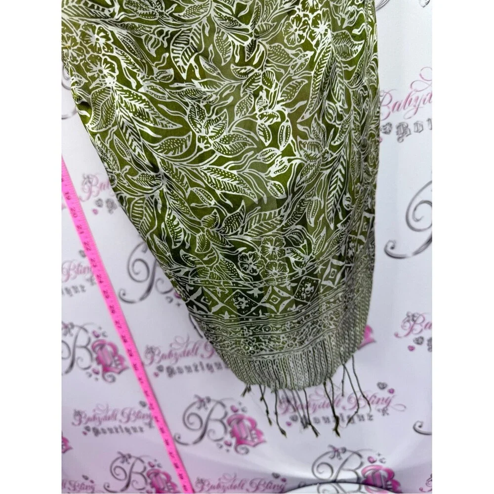 Scarf tassle Lightweight Olive Green Leaf Print Scarf - Women Accessories